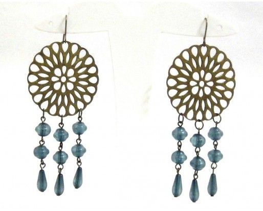 THE GREEN STRING - Big Earring Drop Long Dangling Hook Green & Dull Gold Color
